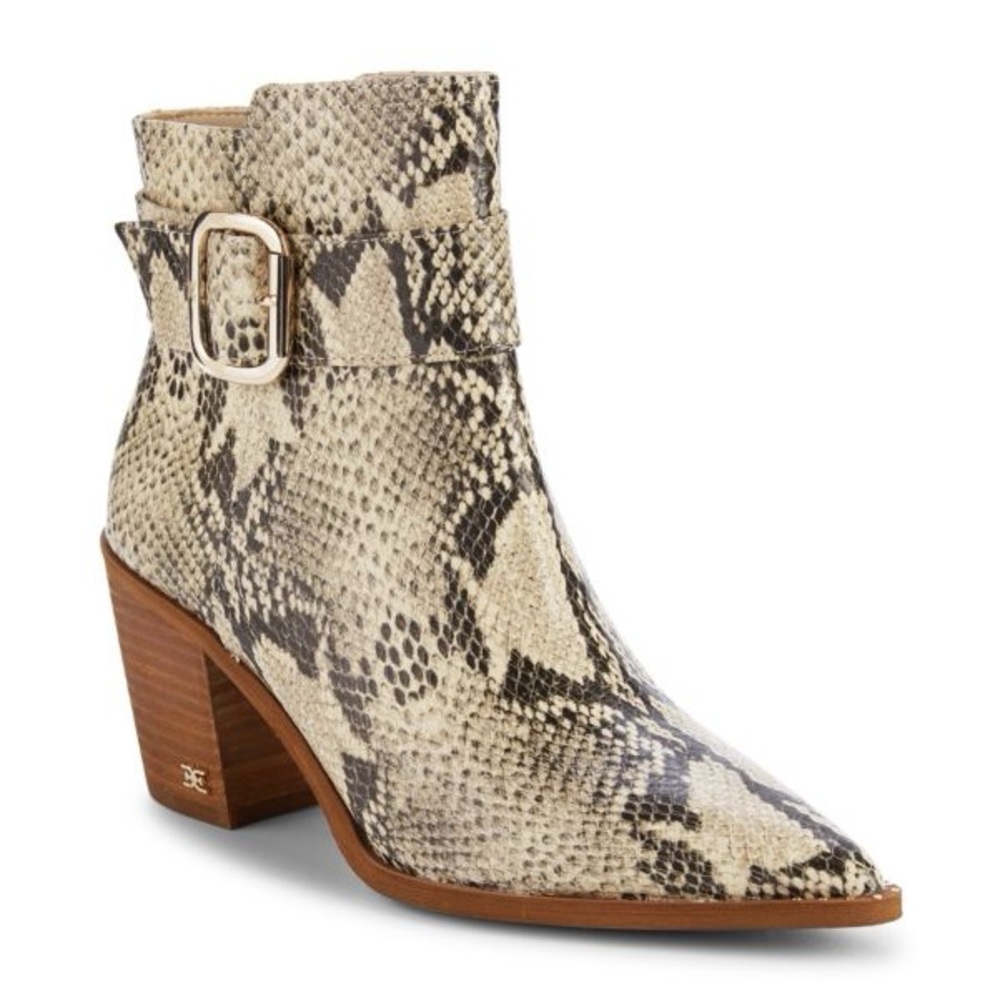 SAM EDELMAN Leonia Snakeskin Embossed Leather Booties Beige & Grey Pointed Toe 5